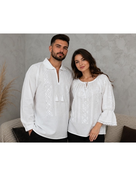 Set traditional alb pentru cuplu cu broderie alba autentica