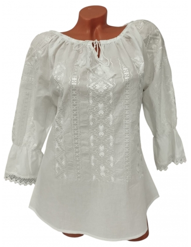 Set traditional alb pentru cuplu cu broderie alba autentica