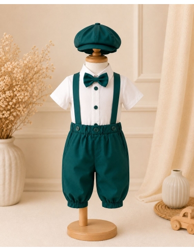 Costum elegant verde smarald pentru baieti cu bretele, papion si sapca
