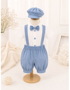 Costum elegant bleu pentru baieti cu bretele, papion si sapca pentru botez