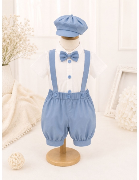 Costum elegant bleu pentru baieti cu bretele, papion si sapca pentru botez