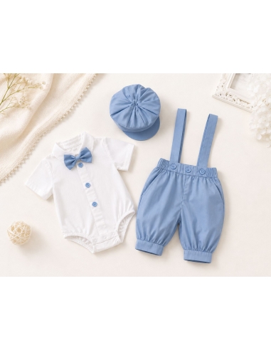 Costum elegant bleu pentru baieti cu bretele, papion si sapca pentru botez