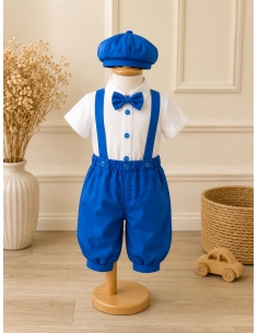 Costum elegant albastru regal pentru baieti cu bretele, papion si sapca