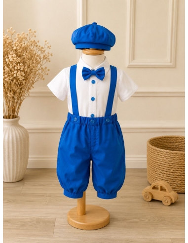 Costum elegant albastru regal pentru baieti cu bretele, papion si sapca