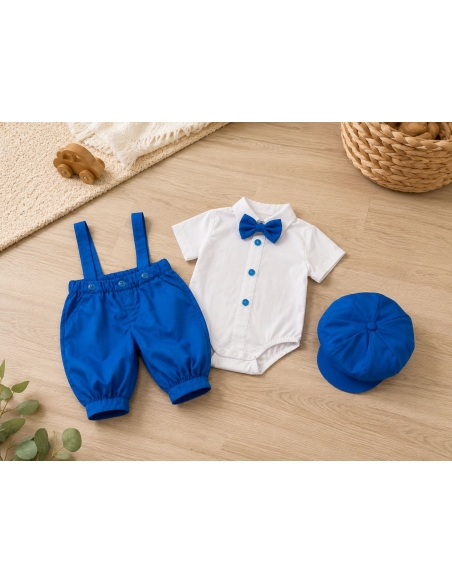 Costum elegant albastru regal pentru baieti cu bretele, papion si sapca