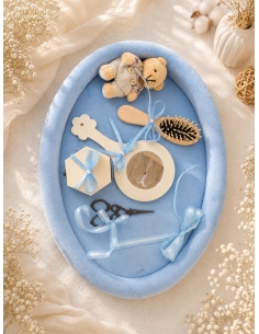 Tavita mot buretata bleu pentru botez cu accesorii incluse si ursulet decorativ