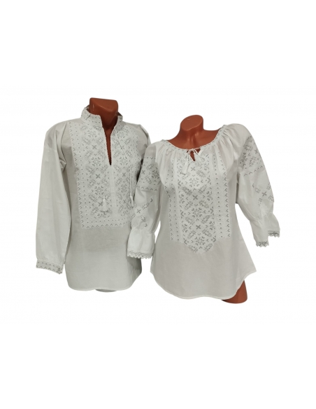 Set cuplu traditional alb cu broderie argintie ie dama si camasa traditionala barbateasca