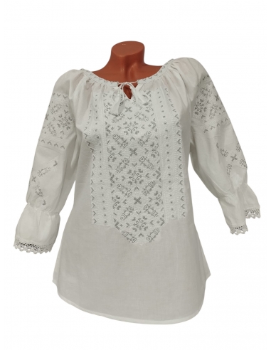 Set cuplu traditional alb cu broderie argintie ie dama si camasa traditionala barbateasca