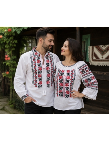 Set cuplu traditional alb cu trandafiri rosii si broderie neagra