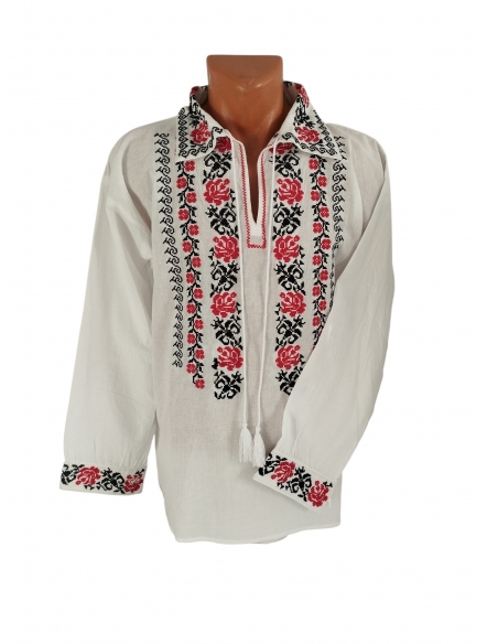 Set cuplu traditional alb cu trandafiri rosii si broderie neagra