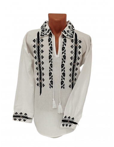 Camasa traditionala barbateasca alba cu broderie neagra si guler brodat