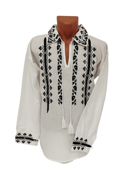Camasa traditionala barbateasca alba cu broderie neagra si guler brodat