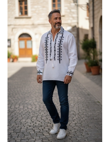 Camasa traditionala barbateasca alba cu broderie neagra si guler brodat