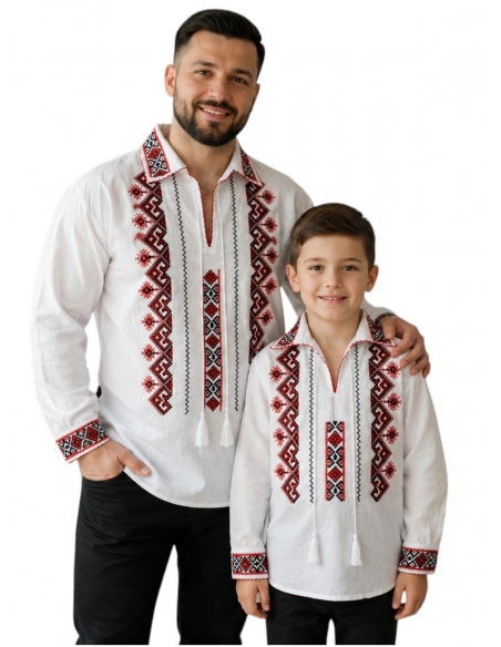 Camasi traditionale tata si fiu albe cu broderie rosie si neagra model popular romanesc