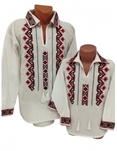 Camasi traditionale tata si fiu albe cu broderie rosie si neagra model popular romanesc
