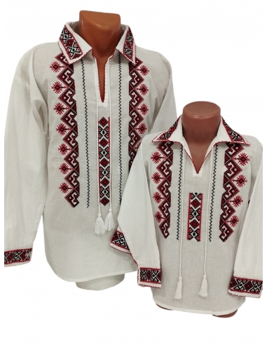 Camasi traditionale tata si fiu albe cu broderie rosie si neagra model popular romanesc