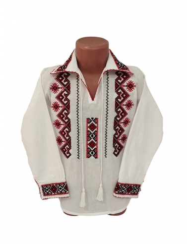 Camasi traditionale tata si fiu albe cu broderie rosie si neagra model popular romanesc