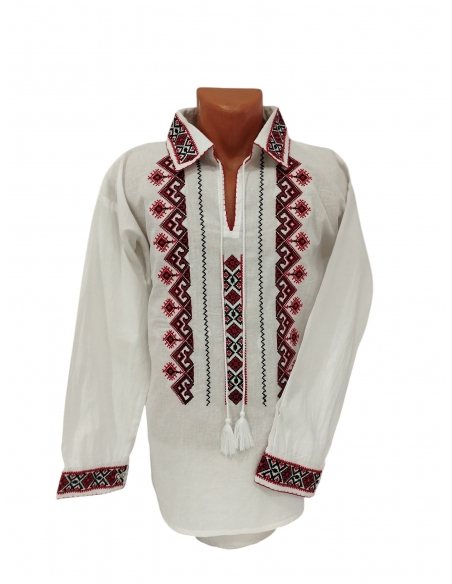 Camasi traditionale tata si fiu albe cu broderie rosie si neagra model popular romanesc