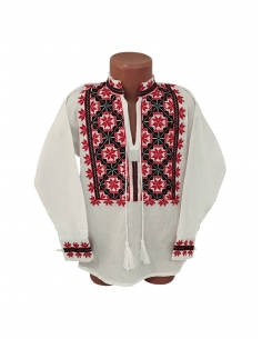 Ie traditionala baieti alba cu broderie rosie si neagra model popular romanesc