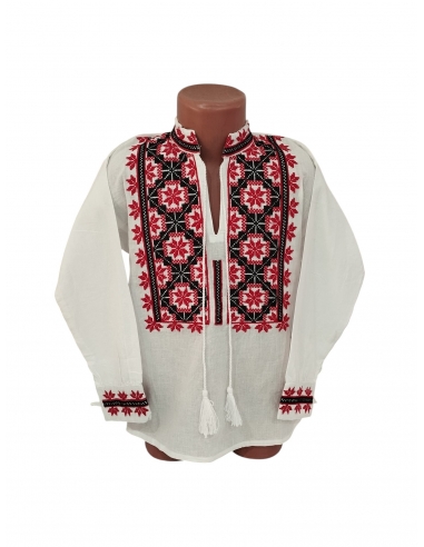 Ie traditionala baieti alba cu broderie rosie si neagra model popular romanesc