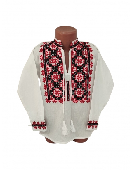 Ie traditionala baieti alba cu broderie rosie si neagra model popular romanesc