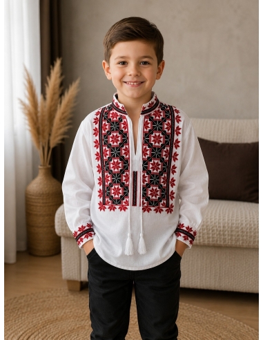 Ie traditionala baieti alba cu broderie rosie si neagra model popular romanesc