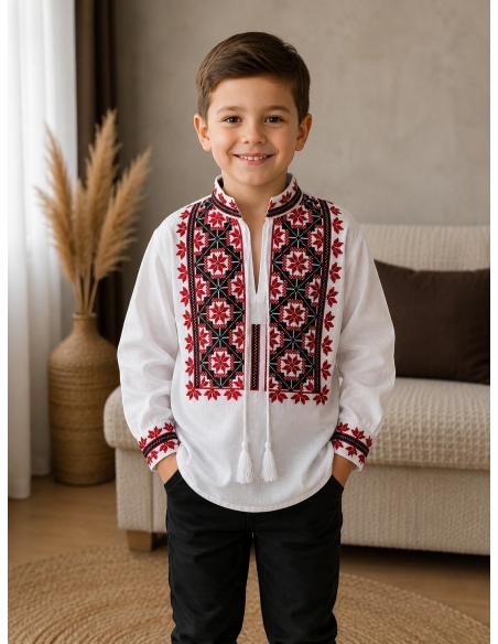 Ie traditionala baieti alba cu broderie rosie si neagra model popular romanesc