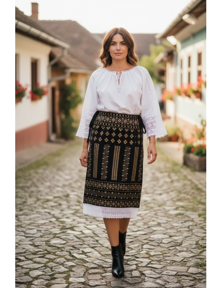 Set traditional dama cu catrinta neagra brodata bej si brau popular romanesc