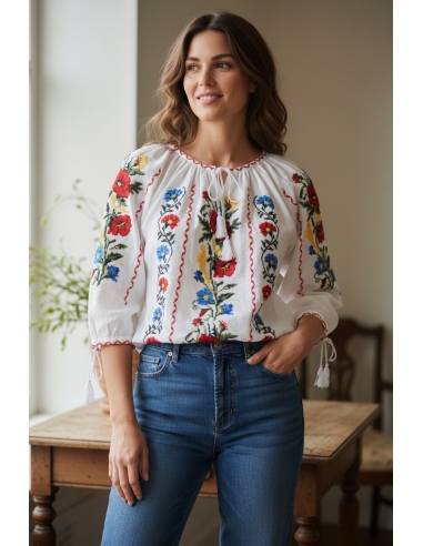 Ie traditionala românească mânecă trei sferturi din bumbac, broderie tradițională. Mărimi S-3XL.