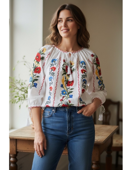 Ie traditionala românească mânecă trei sferturi din bumbac, broderie tradițională. Mărimi S-3XL.