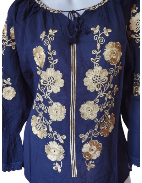 Ie traditionala bleumarin cu broderie florala bej si aurie pentru femei