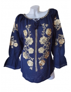 Ie traditionala bleumarin cu broderie florala bej si aurie pentru femei