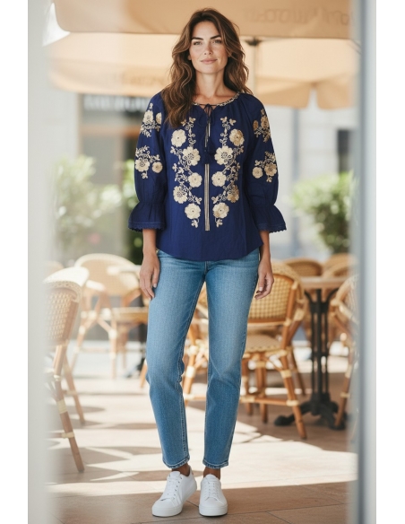 Ie traditionala bleumarin cu broderie florala bej si aurie pentru femei