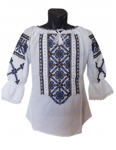 Ie traditionala alba cu broderie albastra si neagra pentru femei