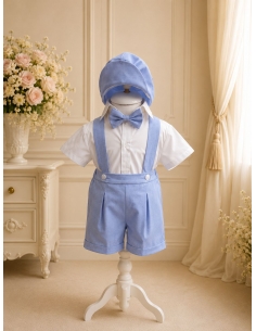 Costum botez baieti bleu cu camasa body papion si sapca