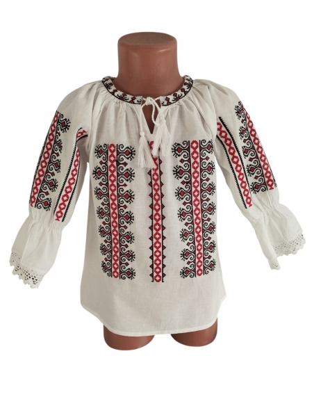 Ie Traditionala Fetite Alba Creasta Cocosului cu Broderie Rosie si Neagra