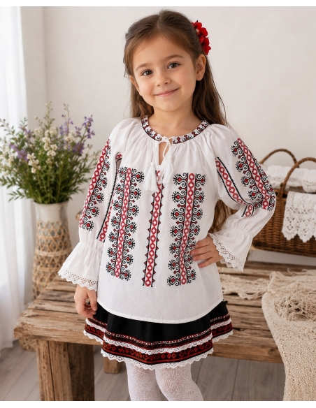 Ie traditionala fetite Creasta Cocosului cu broderie rosie si neagra pe fond alb