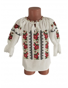 Ie traditionala fetite alba cu maci rosii si broderie neagra