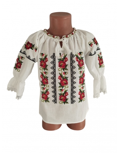 Ie traditionala fetite alba cu maci rosii si broderie neagra