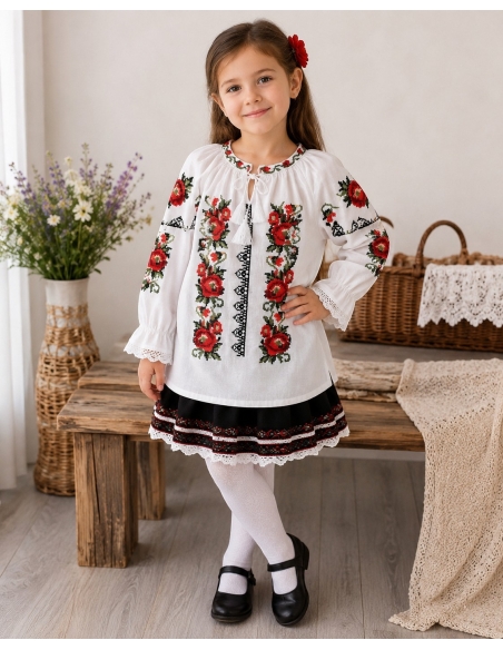Ie traditionala fetite alba cu maci rosii si broderie neagra