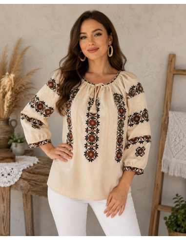 Ie Traditionala Dama Bej cu Broderie Maro si Neagra