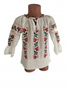 Ie Traditionala Fetite Alba cu Broderie Florala Rosie si...