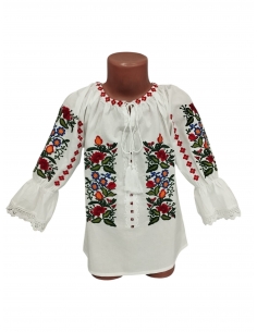Ie Traditionala Fetite Alba cu Broderie Florala Rosie Multicolora Model Trandafir Romanesc