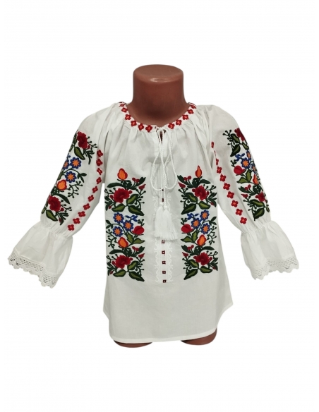 Ie Traditionala Fetite Alba cu Broderie Florala Rosie Multicolora Model Trandafir Romanesc