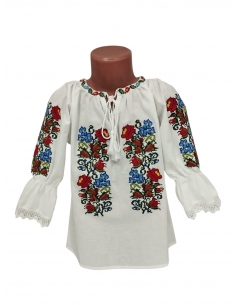 Ie traditionala alba pentru fetite cu broderie florala rosie si albastra