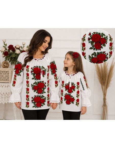 Set mama si fiica cu ii traditionale albe brodate cu trandafiri rosii