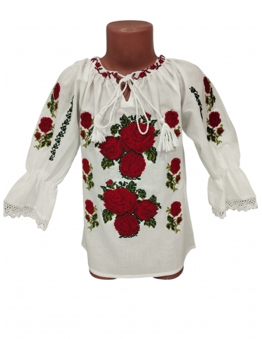 Set mama si fiica cu ii traditionale albe brodate cu trandafiri rosii