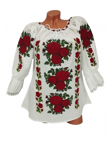Set mama si fiica cu ii traditionale albe brodate cu trandafiri rosii