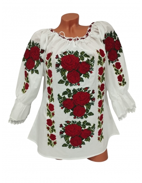 Set mama si fiica cu ii traditionale albe brodate cu trandafiri rosii