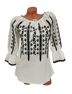Ie traditionala dama alba cu broderie neagra geometrica